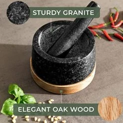 Mortar And Pestle - Mortar And Pestle Set With Anti-Scratch Oak Wood Base - Mortar With Extra Large Pestle Made Of Natural Granite - Large Mortar And Pestle - Ideal For Guacamole -Peugeot Shop 51AFPkjXdRL