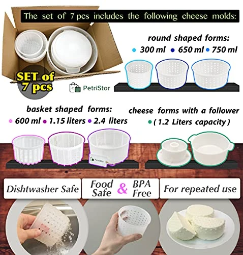 7 Pcs Cheesemaking Kit №1 Butter Punched Сheese Mold Press Strainer Cheese Tofu Press Mold Cheese Making Kit 1 7 Pcs Cheesemaking Kit №1 Butter Punched Сheese Mold Press Strainer Cheese Tofu Press Mold Cheese Making Kit