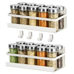2 Pack Magnetic Spice Rack Seasoning Organizers Refrigerator Shelf W/ 4 Hooks Fridge Side Wall Mount Storage Rack Metal Jar Holder Utensils Towel Shelves Home Kitchen Organization Spice Stand -White