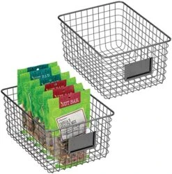 MDesign Large Steel Wire Storage Organizer Bin Baskets With Label Slot - Kitchen Pantry, Bathroom, Cabinet, Cupboard, Organizing Holder For Food, Snacks, Produce - Omaha Collection - 2 Pack - Black -Peugeot Shop 51BZTN rZrL. AC