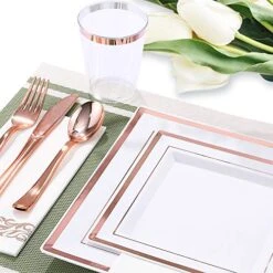 175 Piece Rose Gold Dinnerware Set 25 Guest-50 Square Plastic Plates-25 Rose Gold Plastic Silverware-25 Plastic Cups-25 Linen Like Rose Gold Paper Napkins, FOCUSLINE Disposable Dinnerware Set -Peugeot Shop 51BseVU9gxL