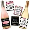 5 Birthday Wine Bottle Labels Or Stickers Present, Bday Milestone Gifts For Her Women, Any Age Years Funny Unique Old Chic Pink Black Gold Party Decoration Centerpiece Supplies For Wife, Mom, Friend