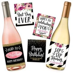 5 Birthday Wine Bottle Labels Or Stickers Present, Bday Milestone Gifts For Her Women, Any Age Years Funny Unique Old Chic Pink Black Gold Party Decoration Centerpiece Supplies For Wife, Mom, Friend