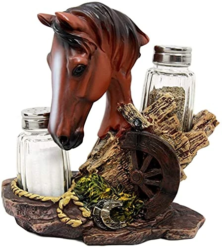 Country Western Chestnut Brown Stallion Horse By Farm Wagon Wheel Lasso Horseshoes Salt And Pepper Shakers Holder Figurine Set 6.25"High Old Fashioned Rustic Decor Statue (Chestnut Brown) 5 Country Western Chestnut Brown Stallion Horse By Farm Wagon Wheel Lasso Horseshoes Salt And Pepper Shakers Holder Figurine Set 6.25"High Old Fashioned Rustic Decor Statue (Chestnut Brown) - Image 5