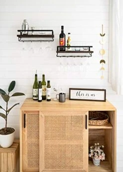 Wall Mounted Wine Rack Set Of 2 Wood Rustic Wine Bottle Glass Floating Shelves With Stemware Hanger Modern Plants Photos Wine Display Storage Holder For Kitchen Dining Room Bar, 17 Inch -Peugeot Shop 51CDUKlfygL