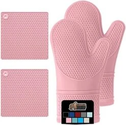 Heat And Slip Resistant Silicone Oven Mitt And Trivets Set, Waterproof, Cotton Lined Gloves, BPA-Free, Long Cooking Mitts And Trivet Mats, Kitchen Potholder Sets For Pans, 4 Pieces, Black -Peugeot Shop 51D dRdjzaL. AC