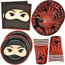 Ninja Warrior Party Supplies Tableware Set 24 9" Paper Plates 24 7" Plate 24 9 Oz Cup 50 Lunch Napkins For Ninjas Master Warriors Sword Theme Samurai Karate Martial Arts Disposable Birthday Decoration