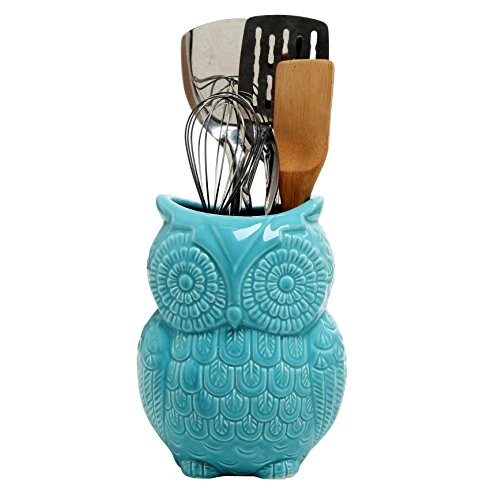 Aqua Blue Owl Shaped Ceramic Kitchen Crock Utensil Holder, 8 Inch Multipurpose Storage Jar Vase Canister, Art Brush Holder 2 Aqua Blue Owl Shaped Ceramic Kitchen Crock Utensil Holder, 8 Inch Multipurpose Storage Jar Vase Canister, Art Brush Holder - Image 2