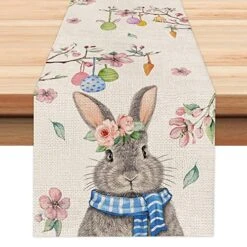 Happy Easter Egg Cute Bunny Table Runner 13x72 Inches Seasonal Spring Decor Summer Holiday Farmhouse Indoor Vintage Theme Gathering Dinner Party Decorations