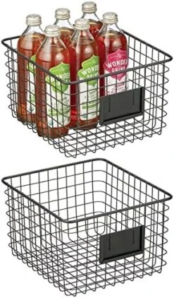 MDesign Large Steel Wire Storage Organizer Bin Baskets With Label Slot - Kitchen Pantry, Bathroom, Cabinet, Cupboard, Organizing Holder For Food, Snacks, Produce - Omaha Collection - 2 Pack - Black -Peugeot Shop 51E1vouq44L. AC
