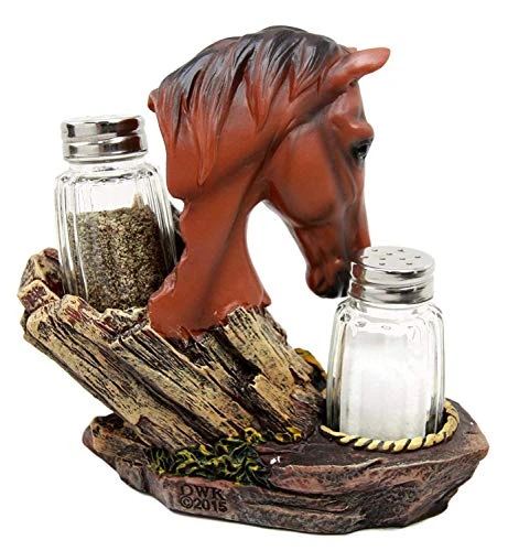 Country Western Chestnut Brown Stallion Horse By Farm Wagon Wheel Lasso Horseshoes Salt And Pepper Shakers Holder Figurine Set 6.25"High Old Fashioned Rustic Decor Statue (Chestnut Brown) 2 Country Western Chestnut Brown Stallion Horse By Farm Wagon Wheel Lasso Horseshoes Salt And Pepper Shakers Holder Figurine Set 6.25"High Old Fashioned Rustic Decor Statue (Chestnut Brown) - Image 2