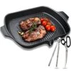 Korean BBQ Griddle Non-stick Square Grill W/Handles & Grease Drain Spout For Stovetop Induction Pan+Kalbi Scissors+Tongs Set, 13x11.4 Inch