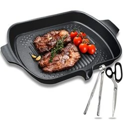 Korean BBQ Griddle Non-stick Square Grill W/Handles & Grease Drain Spout For Stovetop Induction Pan+Kalbi Scissors+Tongs Set, 13x11.4 Inch