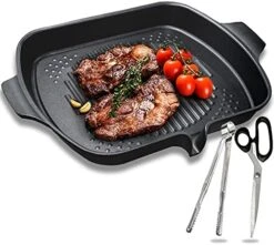 Korean BBQ Griddle Non-stick Square Grill W/Handles & Grease Drain Spout For Stovetop Induction Pan+Kalbi Scissors+Tongs Set, 13x11.4 Inch -Peugeot Shop 51E6eV2FisS. AC