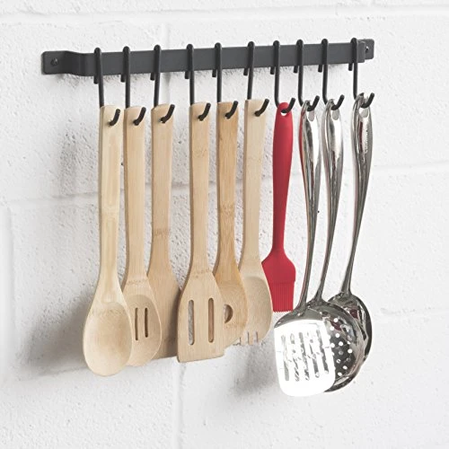Wallniture Gourmet Kitchen Rail With 10 Hooks, Wall Mounted Wrought Iron Hanging Utensil Holder Rack With Black 17 Inch 4 Wallniture Gourmet Kitchen Rail With 10 Hooks, Wall Mounted Wrought Iron Hanging Utensil Holder Rack With Black 17 Inch - Image 4
