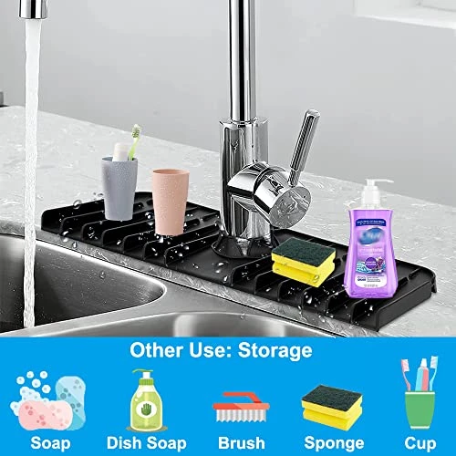 Silicone Sink Faucet Splash Guard, CLZWiiN Kitchen Faucet Water Catcher Mat Tray, Sink Draining Pad Behind Faucet, Absorbent Drying Mat For Kitchen & Bathroom Countertop Protect (Black) 3 Silicone Sink Faucet Splash Guard, CLZWiiN Kitchen Faucet Water Catcher Mat Tray, Sink Draining Pad Behind Faucet, Absorbent Drying Mat For Kitchen & Bathroom Countertop Protect (Black) - Image 3