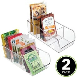 MDesign Plastic Food Storage Bin Organizer With 3 Compartments For Kitchen Cabinet, Pantry, Shelf, Drawer, Fridge, Freezer Organization - Holds Snack Bars - Ligne Collection - 2 Pack - Clear