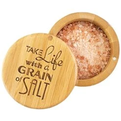 Salt Cellar Bamboo Storage Box With Magnetic Swivel Lid, 6 Ounce Capacity, "Take Life With A Grain Of Salt" Engraved On Lid