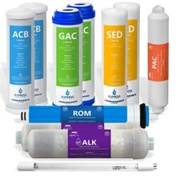 Xpress Water – 1 Year Reverse Osmosis System Filter Set – 11 Filters With 100 GPD RO Membrane, Carbon GAC ACB PAC, Sediment SED, Alkaline, And UV Filters – 10 Inch Size Replacement Water Filters