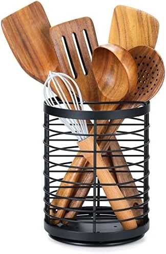 Utensil Holder For Kitchen Counter - 5.2" X 5.2" X 6" Large Round Utensils Holder With Wooden Base Matte Black Cooking Utensil Holder,Kitchen Countertop Utensil Organizer (Metal+Bamboo) 6 Utensil Holder For Kitchen Counter - 5.2" X 5.2" X 6" Large Round Utensils Holder With Wooden Base Matte Black Cooking Utensil Holder,Kitchen Countertop Utensil Organizer (Metal+Bamboo) - Image 6