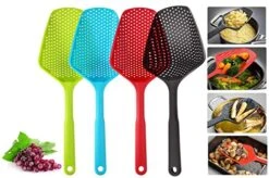Kitchen Nylon Strainer Scoop Colander, Skimmer Spoon With Long Handle, Drain Shovel Strainers, Water Leaking Shovels Ice Shovel Colanders - 4 Pieces (Red ,blue,Black,Green)
