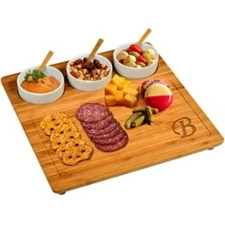 Original Personalized Monogrammed Engraved Bamboo Cutting Board For Cheese & Charcuterie With 3 Ceramic Bowls & Bamboo Spoons- Designed & Quality Checked In The USA