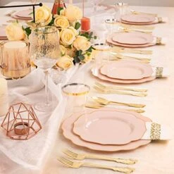175PCS Pink Plastic Plates With Gold Disposable Silverware-Include 50 Plates 25Knives 25Forks 25Spoons 25Cups And 25Napkins-Ideal For Wedding, Party, Shower&Mother’s Day -Peugeot Shop 51FjSqyCtwL
