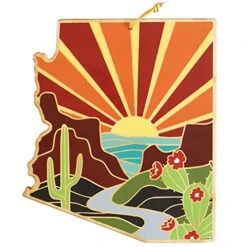 Arizona State Shaped Cutting Board And Charcuterie Serving Platter With Artwork By Summer Stokes, Includes Hang Tie For Wall Display