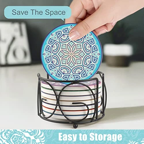 Absorbing Stone Mandala Ceramic Coasters For Drinks Cork Base With Holder, For Friends Funny Birthday Housewarming Apartment Kitchen Bar Decor, Suitable For Wooden Table, Coffee Table, Set Of 8 2 Absorbing Stone Mandala Ceramic Coasters For Drinks Cork Base With Holder, For Friends Funny Birthday Housewarming Apartment Kitchen Bar Decor, Suitable For Wooden Table, Coffee Table, Set Of 8 - Image 2