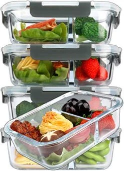 [5-Pack,36 Oz] Glass Meal Prep Containers 2 Compartments Portion Control With Upgraded Snap Locking Lids Glass Food Storage Containers, Microwave, Oven, Freezer And Dishwasher (4.5 Cups)