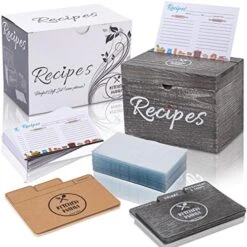 KitchenMania Wood Recipe Box With Cards,Wood Dividers 4x6 Vintage Style Set,100 Double Sided Recipe Cards,100 Recipe Card Protectors, Gift For Grandma Mom Women Wedding Bridal Shower Rustic Black