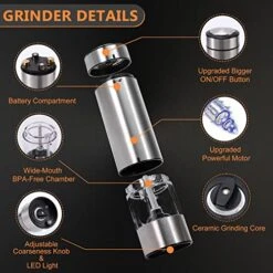Electric Salt And Pepper Grinder Battery Operated| Stainless Steel Auto Pepper Mill Grinder Refillable| One Hand Operation| LED Light| Adjustable Coarseness| 1 Pack