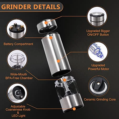 Electric Salt And Pepper Grinder Battery Operated| Stainless Steel Auto Pepper Mill Grinder Refillable| One Hand Operation| LED Light| Adjustable Coarseness| 1 Pack 1 Electric Salt And Pepper Grinder Battery Operated| Stainless Steel Auto Pepper Mill Grinder Refillable| One Hand Operation| LED Light| Adjustable Coarseness| 1 Pack