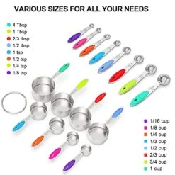 Measuring Cups & Spoons Set Of 21 - Wildone Stainless Steel Measuring Cups And Spoons With Colored Silicone Handle, 8 Nesting Metal Cups, 8 Spoons & 5 Mini Spoons, For Dry And Liquid Ingredient