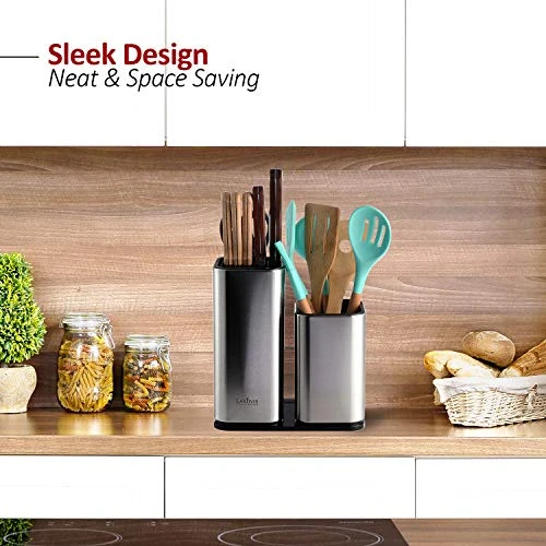 Knife Holder And Utensil Holder - Stainless-Steel Modern Rectangular Design Universal Knife Block And Kitchen Utensils Organizer For Counter-top 3 Knife Holder And Utensil Holder - Stainless-Steel Modern Rectangular Design Universal Knife Block And Kitchen Utensils Organizer For Counter-top - Image 3