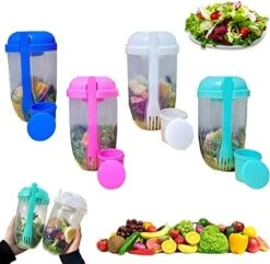 Keep Fit Salad Meal Shaker Cup,Fresh Salad Cup To Go,Portable Fruit And Vegetable Salad Cups Container With Fork & Salad Dressing Holder (Pink + Green) -Peugeot Shop 51FybtehwJL. AC