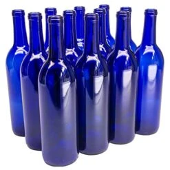 North Mountain Supply - W5-CB 750ml Glass Bordeaux Wine Bottle Flat-Bottomed Cork Finish - Case Of 12 - Cobalt Blue