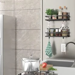 Alphyse Magnetic Spice Rack, 11.8 Inch Magnetic Shelf For Refrigerator, Strong Magnetic Fridge Organizer, Space Saving Magnetic Kitchen Organizer With 2 Removable Hooks (Black，2 Pack) -Peugeot Shop 51GDdGHQnZL