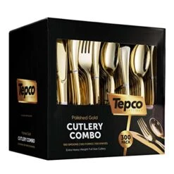300 Gold Plastic Silverware Set - Plastic Gold Cutlery Set - Disposable Flatware Gold - 100 Gold Plastic Forks, 100 Gold Plastic Spoons, 100 Gold Cutlery Knives Heavy Duty Silverware For Party Bulk