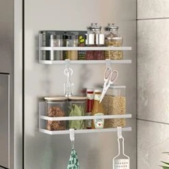 Alphyse Magnetic Spice Rack, 11.8 Inch Magnetic Shelf For Refrigerator, Strong Magnetic Fridge Organizer, Space Saving Magnetic Kitchen Organizer With 2 Removable Hooks (Black，2 Pack) -Peugeot Shop 51GSFuD2XAL. AC