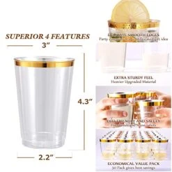 100 PACK Gold Plastic Cups,12 Oz Clear Plastic Cups Tumblers, Elegant Gold Rimmed Plastic Cups, Disposable Cups With Gold Rim Perfect For Wedding,Thanksgiving Day, Christmas, Halloween Party Cups -Peugeot Shop 51Gih999yGL