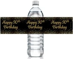 Black And Gold 90th Birthday Party Water Bottle Labels - 24 Stickers