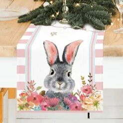 Easter Table Runner 72 Inches Long - Pink Stripe Rabbit Floral Spring Table Runner For Indoor Outdoor Home Holiday Party Easter Decor (13x72 Inch)