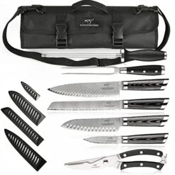 Chef Knife Set With Bag, 8 Pieces Damascus Steel Chef Knives With Portable Knife Roll Storage Bag, Blade Guards, Carving Fork, Sharpener And Kitchen Shears For Outdoor Camping Travel