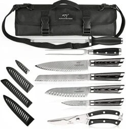 Chef Knife Set With Bag, 8 Pieces Damascus Steel Chef Knives With Portable Knife Roll Storage Bag, Blade Guards, Carving Fork, Sharpener And Kitchen Shears For Outdoor Camping Travel -Peugeot Shop 51Hr1r8aTrL. AC