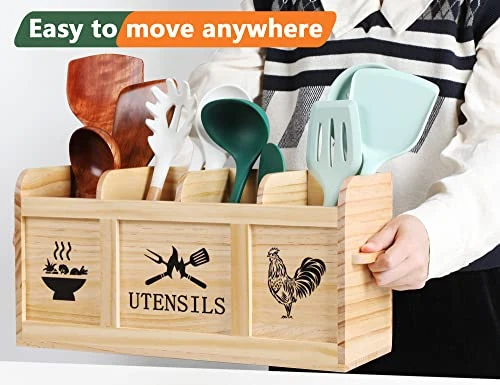 Extra Large Utensil Holder, 4 Compartments Utensil Holder For Kitchen Counter, Wood Utensil Holder Kitchen Utensil Organizer For Countertop & Hanging Option (Utensil Not Included) 2 Extra Large Utensil Holder, 4 Compartments Utensil Holder For Kitchen Counter, Wood Utensil Holder Kitchen Utensil Organizer For Countertop & Hanging Option (Utensil Not Included) - Image 2