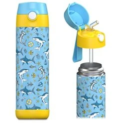 ARLSON Kids Water Bottle With Straw - CHARLI - Insulated Stainless Steel Water Bottle - Thermos - Girls/boys (Shark 'Mosaic', 18 Oz)