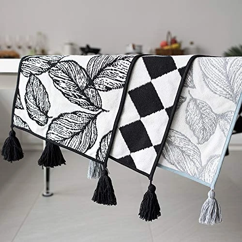 Black And White Diamond Woven Table Runner - 14 X 71 Inch Checker Runner Table Centerpiece For Dining Home Decor, Indoor Parties, Holiday Events Tassel Table Runner 4 Black And White Diamond Woven Table Runner - 14 X 71 Inch Checker Runner Table Centerpiece For Dining Home Decor, Indoor Parties, Holiday Events Tassel Table Runner - Image 4