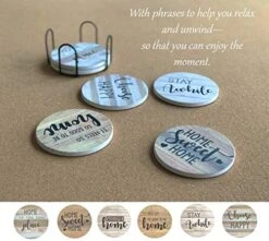 Rustic Farmhouse Stone & Cork Coasters For Drinks, Absorbent - Set Of 6 Coasters With Holder - Best Housewarming Gifts For New Home Ideas - Cute Kitchen And Coffee Table Décor & Accessories