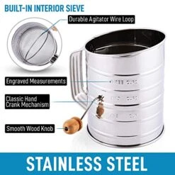3 Cup Stainless Steel Flour Sifter - Fine Mesh Rotary Hand Crank Flour Sifter With Agitator Wire Loop For Baking Cakes, Pastries, Pies, Cupcakes And Desserts
